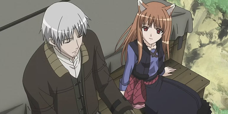 Holo and Lawrecne from Spice and Wolf traveling on the cart