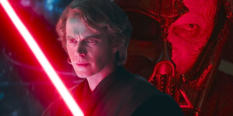 Anakin from the Ahsoka show holds up his red lightsaber with the image of Darth Vader's broken mask in the background.
