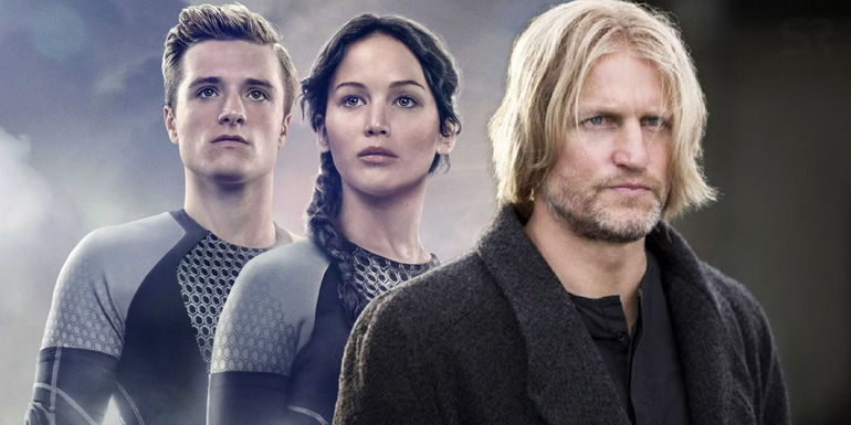 Haymitch in the foreground, with Katniss and Peeta in the background