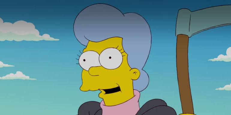 Mona Simpson (Glenn Close) speaking while holding a scythe in The Simpsons
