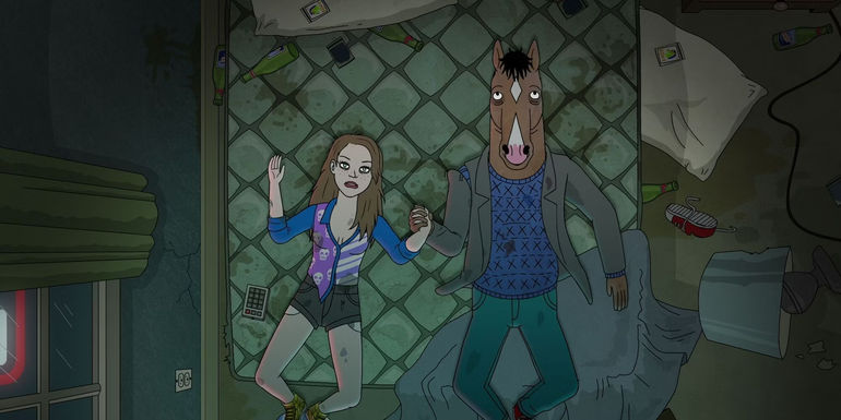 Sarah Lynn (Kristen Schaal) and BoJack Horseman (Will Arnett) lying on a filthy motel bed holding hands in BoJack Horseman