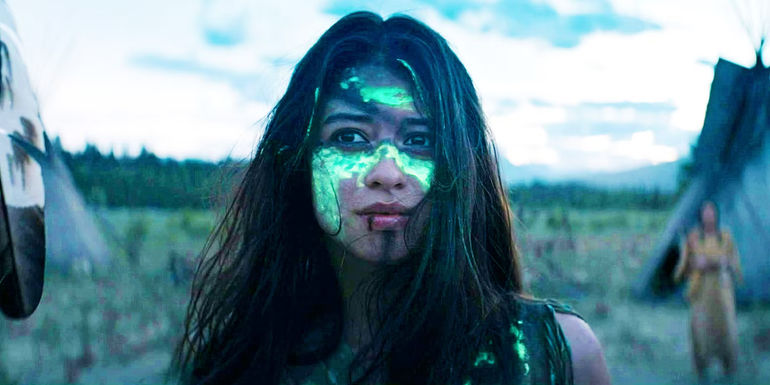 Amber Midthunder looking shocked in Prey