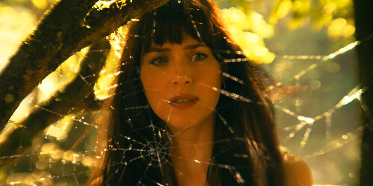 Cassandra Webb (Dakota Johnson) looking at a spider web in Madame Web trailer