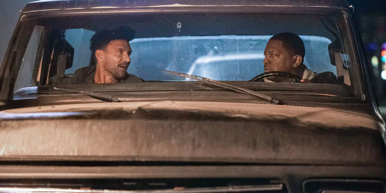 Frank Grillo's Duffy talking with Mekhi Phifer's Max in his truck in Lights Out