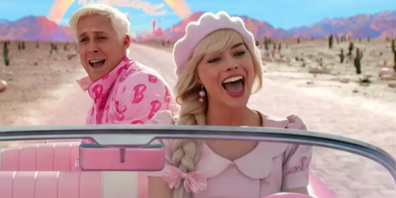 Barbie singing in her car with Ken in the back in Barbie.