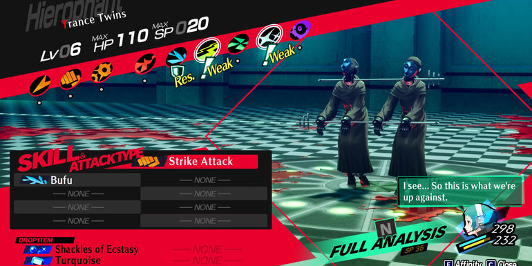 Image of the weaknesses and resistances of Trance Twins in Persona 3 Reload