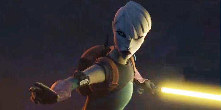 Asajj Ventress with a yellow lightsaber in the Bad Batch Season 3 Trailer
