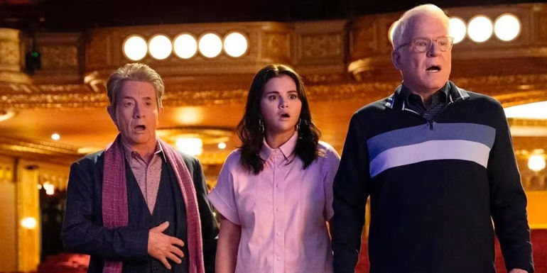 Oliver, Mabel, and Charles on the stage shook in Only Murders in the Building season 3