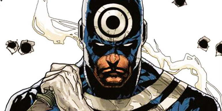 Bullseye surrounded by bulletholes in Marvel Comics