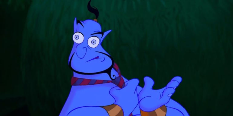 Genie adjusting his tie and looking at the camera in Aladdin