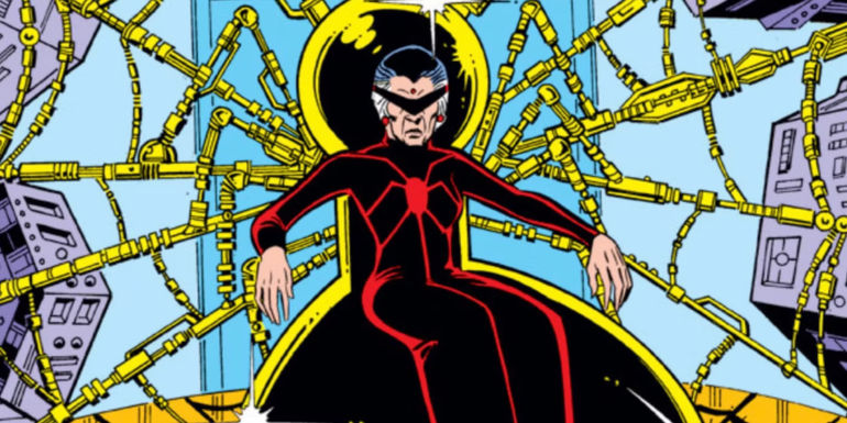 Madame Web on her web throne in a Marvel Comic