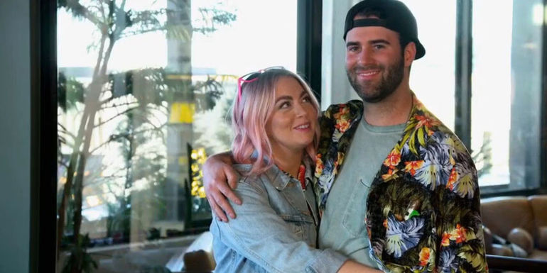 MAFS season17 Becca and Austin embracing during an interview