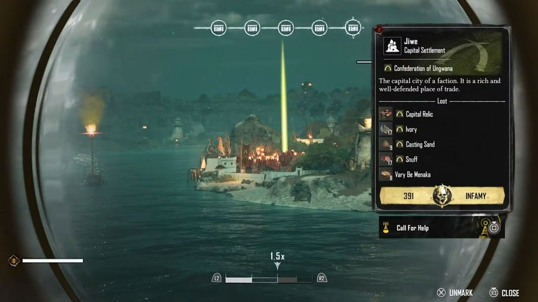 The Confederation of Ungwana capital Jiwe through a Spyglass in Skull and Bones