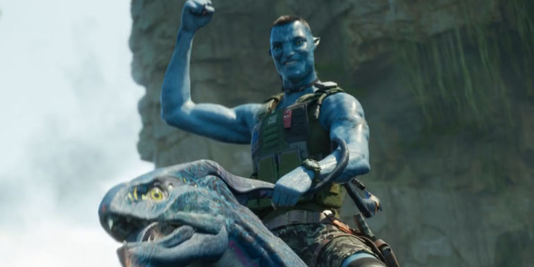 Recombinant Quaritch (Stephen Lang) cheering as he rides an Ikran in Avatar: The Way of Water
