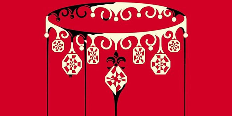 An upside down crown dripping blood with a red backdrop.