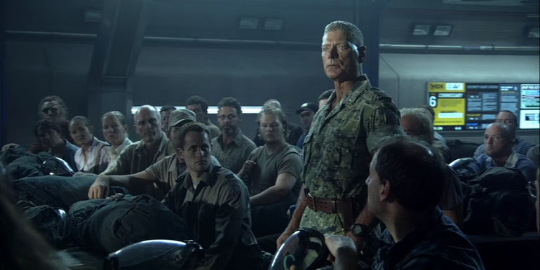 Colonel Miles Quaritch (Stephen Lang) addressing fellow soldiers in Avatar