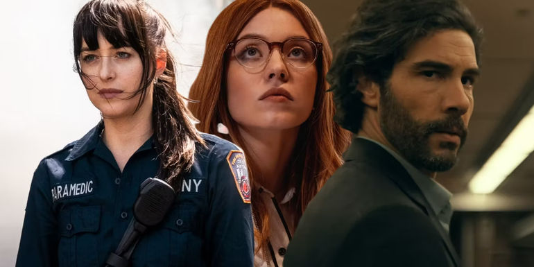 Split image of Dakota Johnson's Cassandra Web, Sydney Sweeney's Julia Carpenter, and Tahar Rahim's Ezekiel Sims all looking pensive in Madame Web