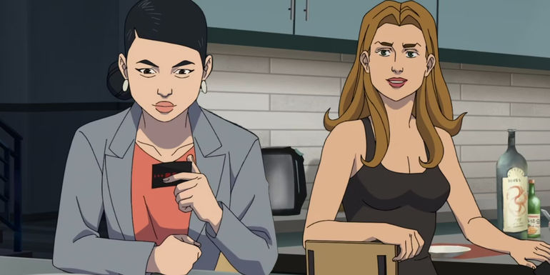 Debbie looking at Olga's card and Olga sitting at Debbie's table in Invincible season 2