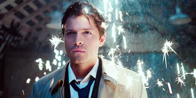 Misha Collins as Castiel surrounded by sparks in Supernatural