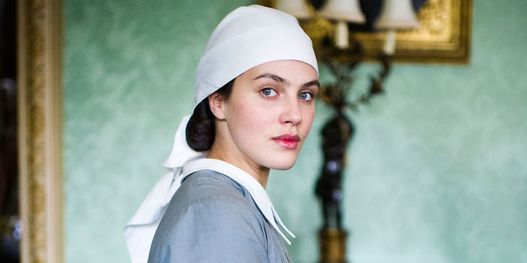 Lady Sybil looking serious on Downton Abbey