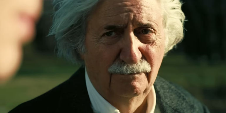 Albert Einstein (Tom Conti) looking disappointed in Oppenheimer
