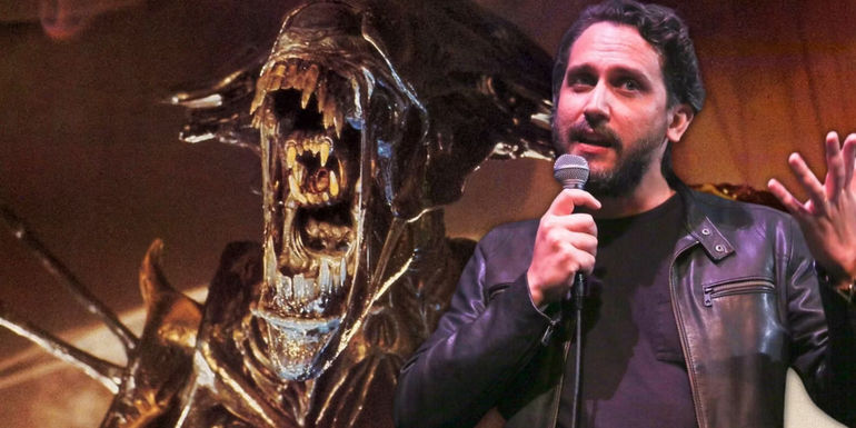 Alien Romulus director Fede Alvarez superimposed over an images of a screaming Xenomorph Queen