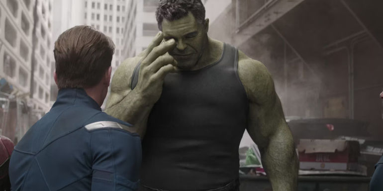 Mark Ruffalo as Hulk looking embarrassed in Avengers: Endgame