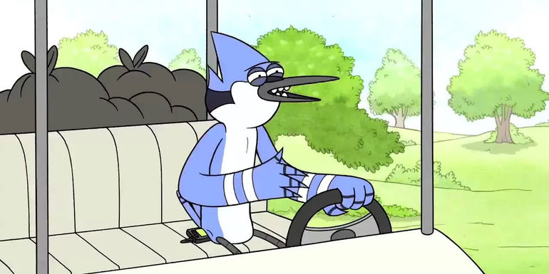Mordecai driving the cart in Regular Show
