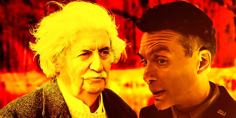 Einstein (Tom Conti) and Oppenheimer (Cillian Murphy) as they appear in Oppenheimer