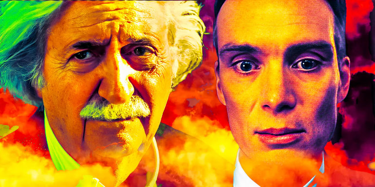 Oppenheimer (Cillian Murphy) and Einstein (Tom Conti) next to each other and surrounded by fire