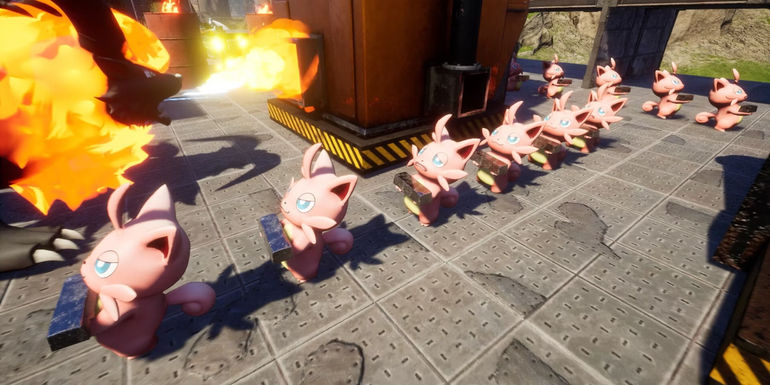 A screenshot of an in-game base in Palworld, showing in-game Pal Cattiva working in an assembly line.