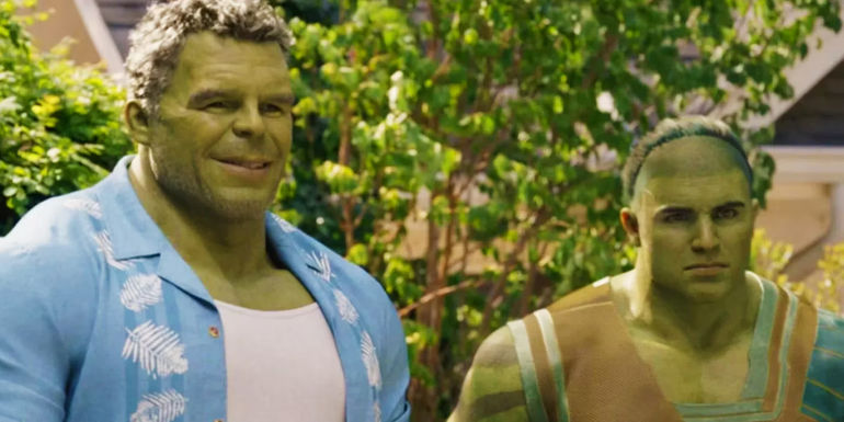 Mark Ruffalo's Smart Hulk and Wil Deusner's Skaar at a garden party in She-Hulk Attorney at Law's finale