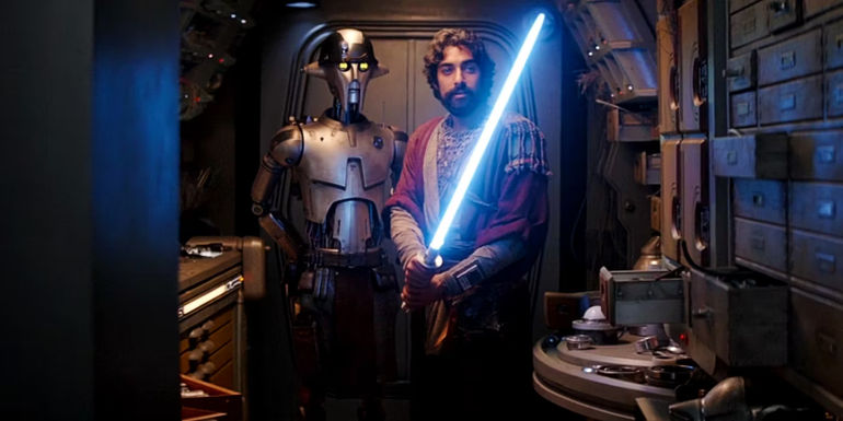 Huyang approves of Ezra Bridger's new blue lightsaber in Ahsoka episode 8.