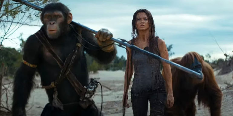 Fraya Allan walking with Noa and an orangutan in Kingdom of the Planet of the Apes