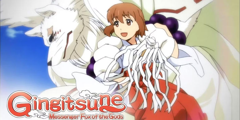 Gintaro the kitsune with his paws on a smiling Makoto Saeki's shoulders in Gingitsune.