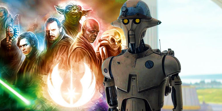 Huyang the droid from Ahsoka next to art of the Jedi Order from the prequels