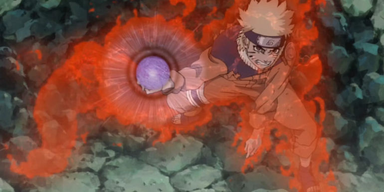 Naruto cloaked in Kurama's chakra and using a Rasengan