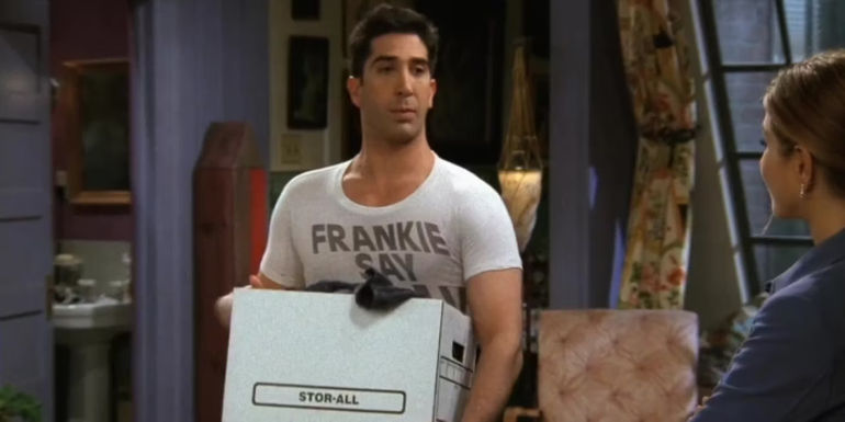 Ross Geller with box and Frankie say Relax t-shirt in Friends.