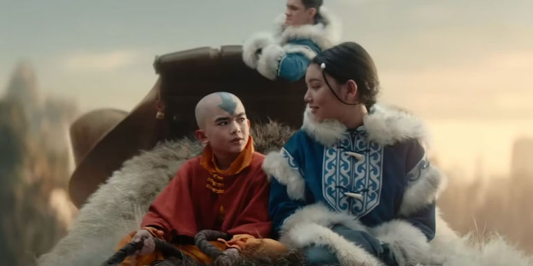 Aang, Katara and Sokka on Appa in Avatar: The Last Airbender Netflix live action