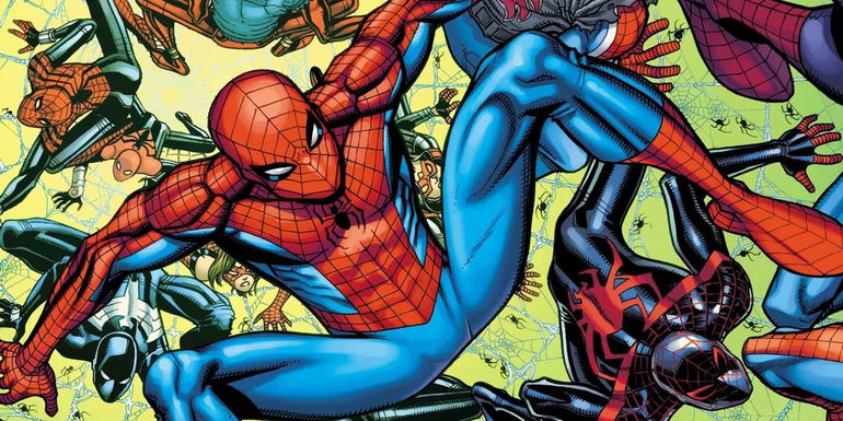 A scene from the Spider-Verse in Marvel Comics showing several heroes crawling on webs