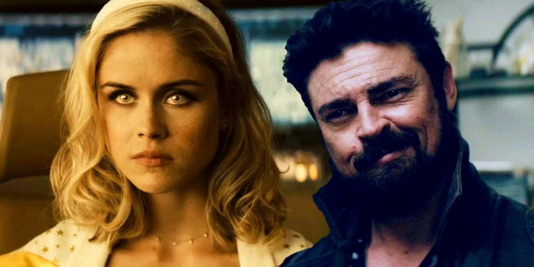 The Boys Starlight (Erin Moriarty) looking angry and Billy Butcher (Karl Urban) smirking