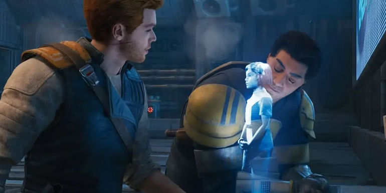 Bode Akuna and Cal Kestis look at a hologram of Bode's daughter, Kata Akuna in Star Wars Jedi: Survivor 