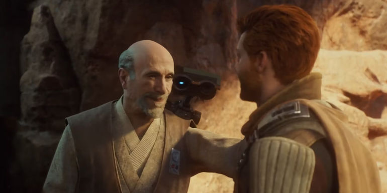 Cal Kestis meeting Jedi Master Eno Cordova in Star Wars Jedi: Survivor, with BD-1 on Cordova's shoulder.