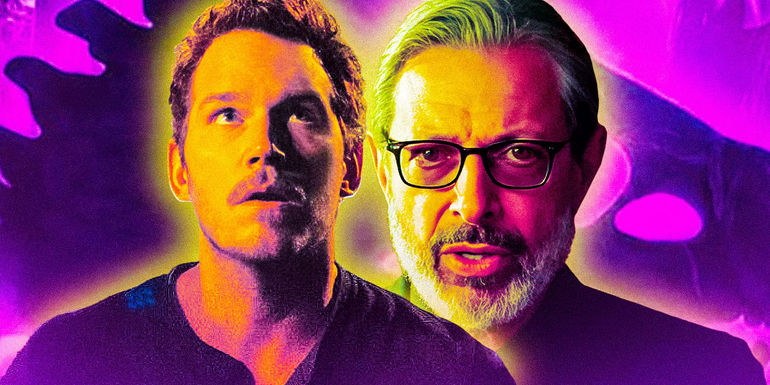 Jeff Goldblum as Ian Malcolm and Chris Pratt as Owen Grady in the Jurassic Park / World franchise