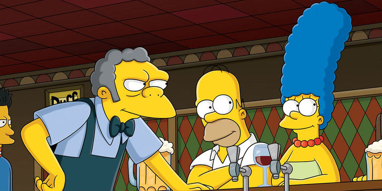 Moe, Homer, and Marge at Moe's Tavern on The Simpsons