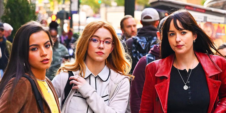 Isabela Merced, Sydney Sweeney and Dakota Johnson in 2024's Madame Web
