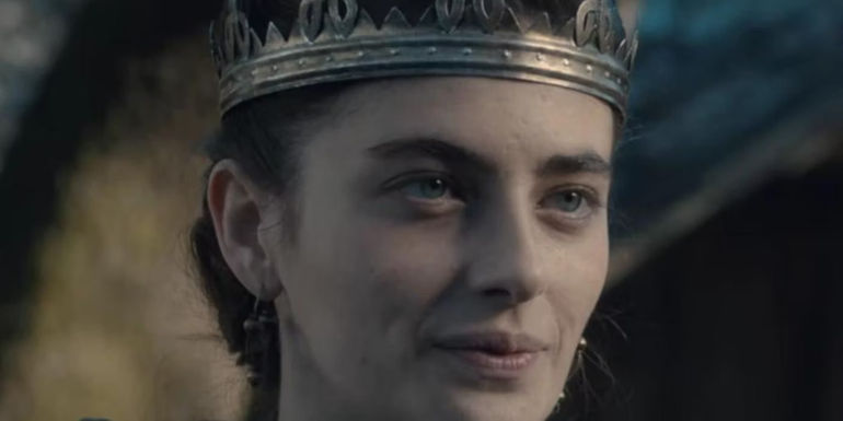 Millie Brady as Aethelflaed wearing a crown in The Last Kingdom