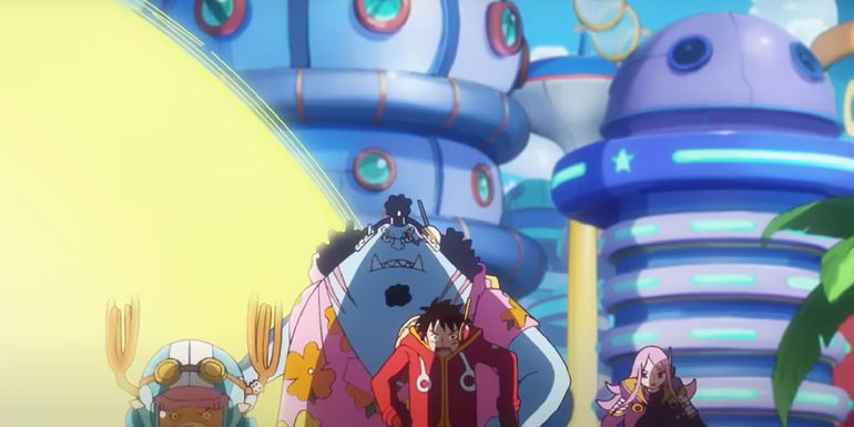 One Piece's Luffy, Chopper, Jinbe, and Bonney Running From an Explosion