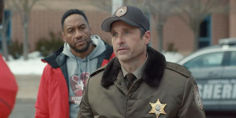 Patrick Dempsey as the Sheriff filming outside a Canadian high school for Thanksgiving (2023)