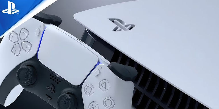 PlayStation 5 PS5 console with DualSense controller upscaled close-up promo